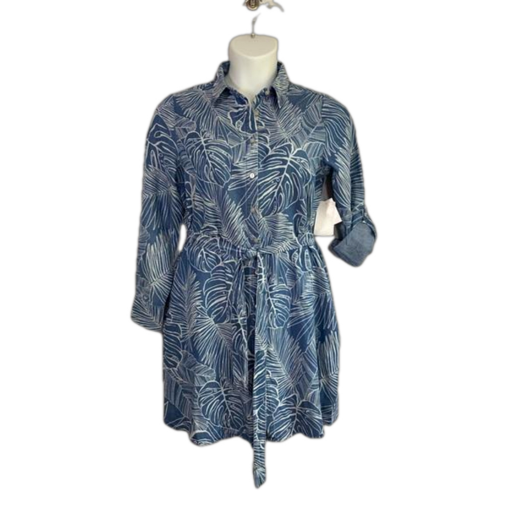 89th & Maddison Cloud Wash Blue & White Tropical Print Shawna Dress SKU0724